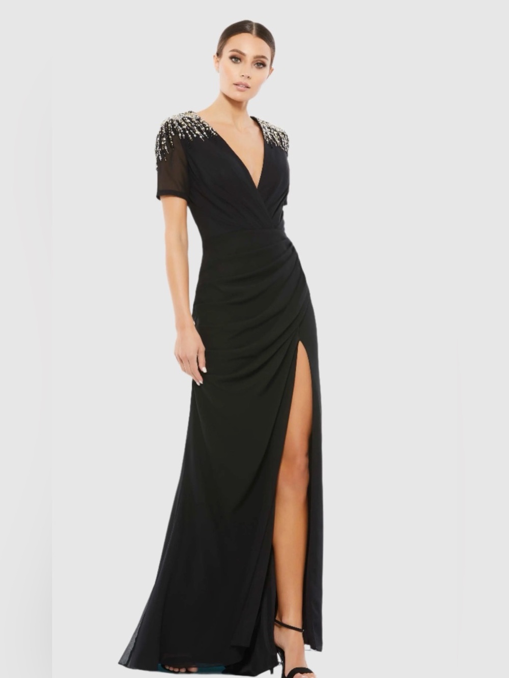Mac Duggal Black Beaded Shoulder V-Neck Maxi Gown
